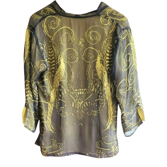 Citron Sheer Black Yellow Bohemian Silk Blend Peacock Print Blouse Medium Luxury - Picture 2 of 3